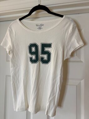 John Galt Brandy Melville White Short Sleeve Tee with Green '95' Graphic